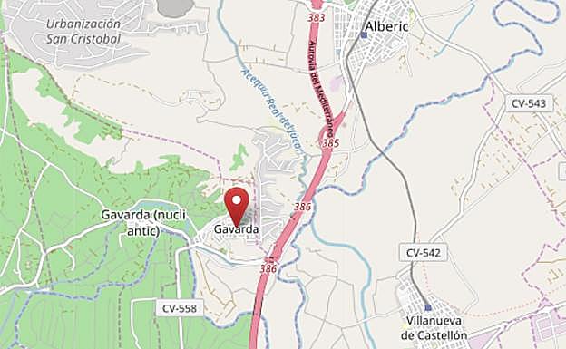 Ubicación de Gavarda, en la comarca de La Ribera, cerca de Alberic y Villanueva de Castellón.