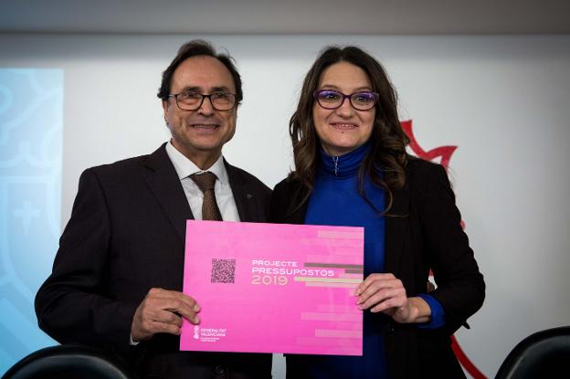 Vicent Soler y Mónica Oltra durante la presentación del proyecto de presupuestos. 