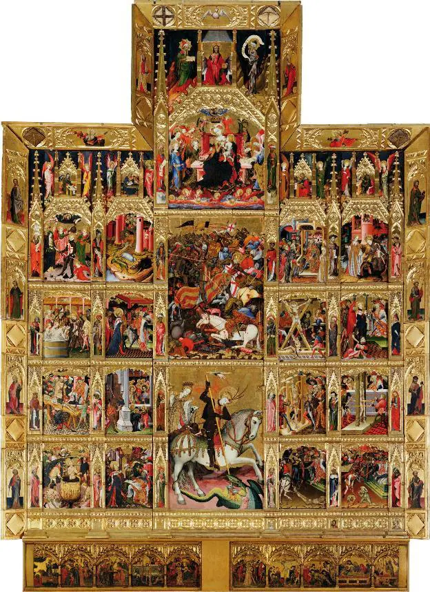 El retablo del Centenar de la Ploma, que se exhibe en el Victoria and Albert Museum de Londres, es una de las joyas del arte valenciano y reproduce la conquista de Valencia por parte de Jaume I. 