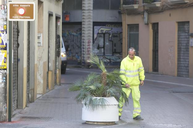 Un viandante observa uno de los maceteros instalados para peatonalizar Pie de la Cruz, ayer por la mañana. 