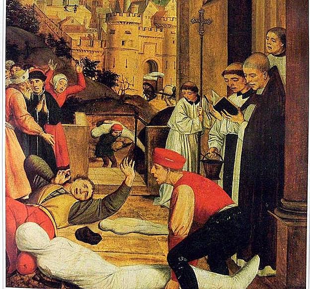 'San Sebastián reza por las víctimas de la plaga', de Josse Lieferinxe (1493-1503/08), sobre la peste iniciada en el año 541. 