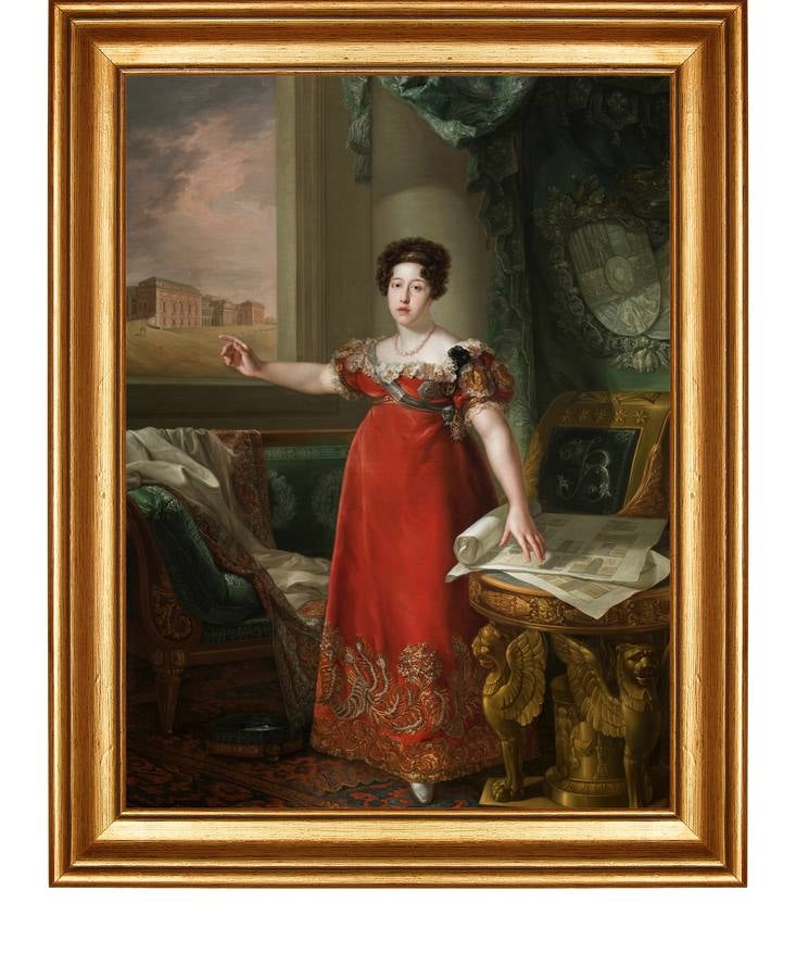 María Isabel de Braganza como fundadora del Museo del Prado. López Piquer. 1829. Es un óleo sobre lienzo de 258 X 174 centímetros. La reina señala los planos de la pinacoteca. 