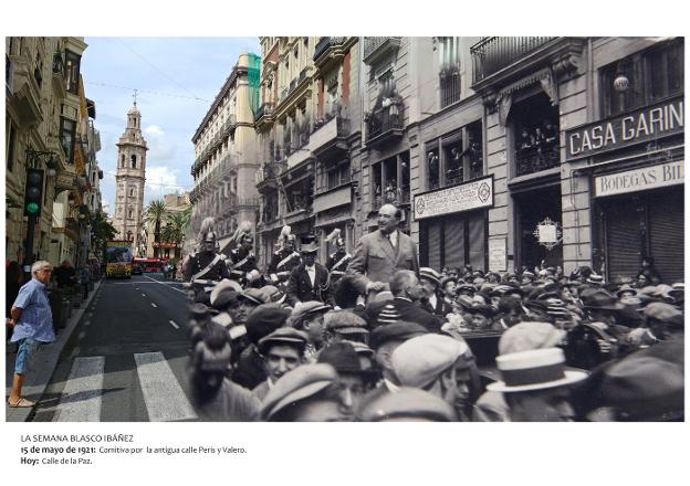 Fotomontajes de José Plana. Arriba, la sede de 'El Pueblo' y abajo, la comitiva de Blasco en la calle de la Paz. 