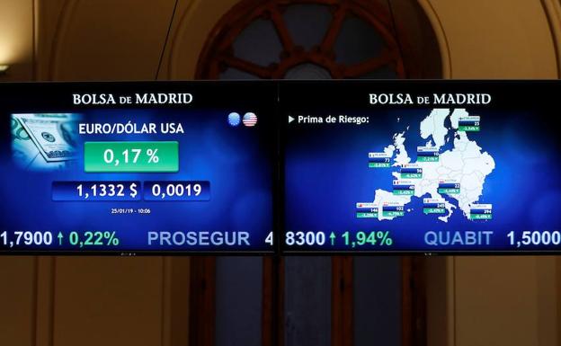 Pantallas en la sede de la Bolsa de Madrid. 
