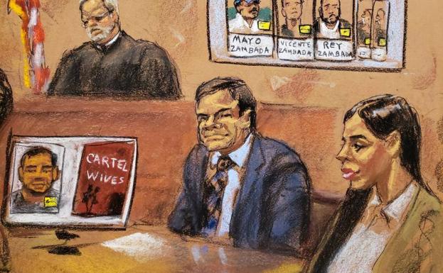 El Chapo Guzmán (centro) representado en un dibujo durante el juicio que se está celebrando en Nueva York.