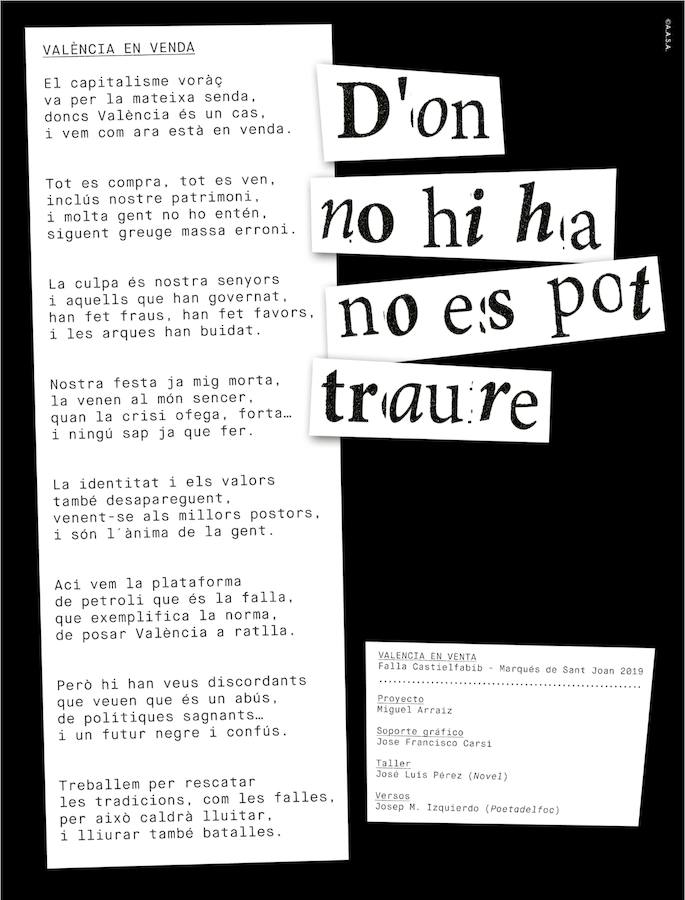 Falla Castielfabib mayor. Artista: Miguel Arraiz. Lema: D'on no hi ha, no es pot traure. Explicación: Una pequeña plataforma que cambia por la noche y de día... ¡Ven a la fiesta de La Petro!