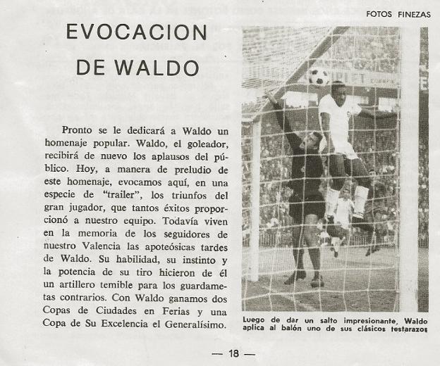  Anuncio de homenaje.  Publicación ilustrada con una foto de Finezas, en la que Waldo se impone a Betancort en un Valencia-Real Madrid. 