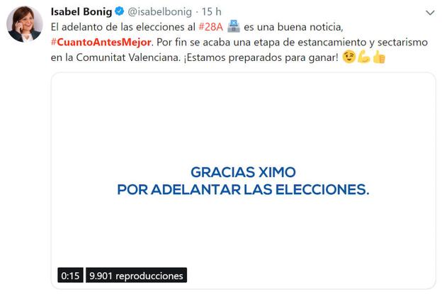 Bonig cuelga un vídeo en Twitter mostrando su alegría por el adelanto electoral. 