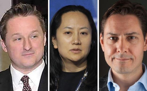 De izquierda a derecha, Michael Spavor, Meng Wanzhou y Michael Kovrig.