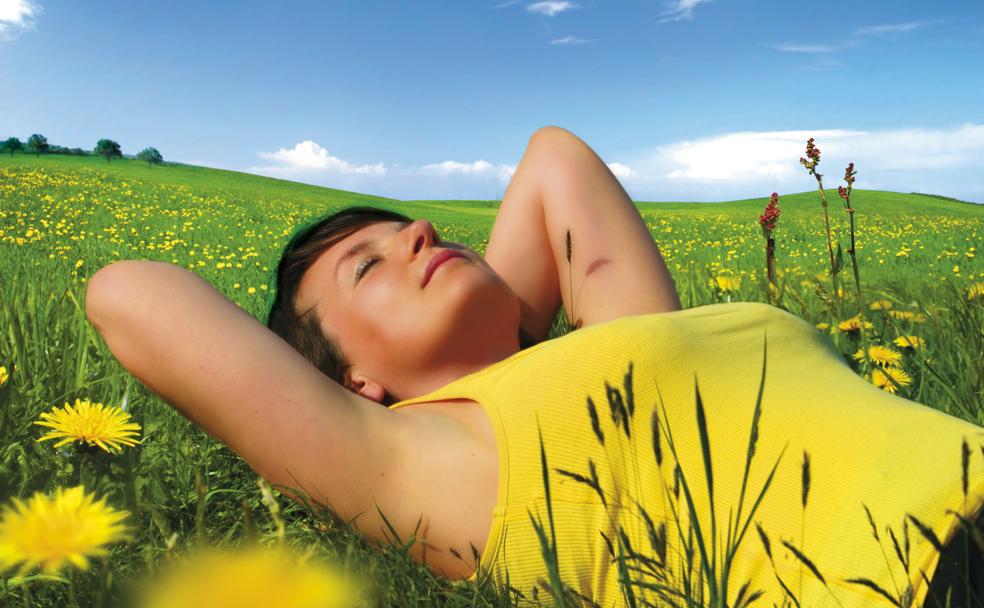 Una mujer descansa en el campo. 