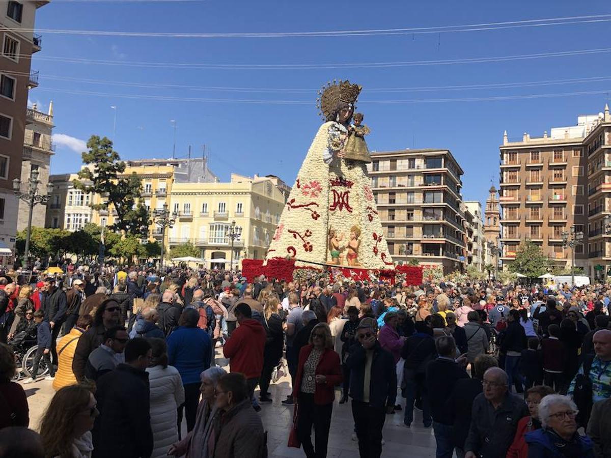 La Ofrenda concluyó este lunes después de que miles de falleros desfilaran para llevar las flores a la Virgen de los Desamparados. Este martes, a la luz del día se ha desvelado ante los ojos de los valencianos el aspecto definitivo del manto de la 'Geperudeta'. Claveles blancos, rojos y rosas componen componen el diseño del vestidor Rafael Chordá. Un floreado manto con el blanco como color predominante y que preside estos días la plaza de la Virgen, ante su basílica.