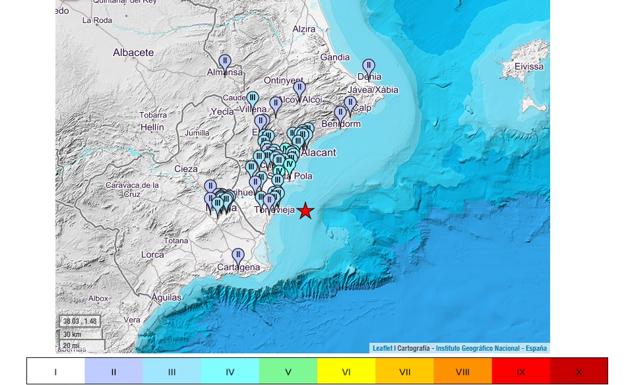 Escala de intensidades del seísmo de este domingo en la Comunitat Valenciana.