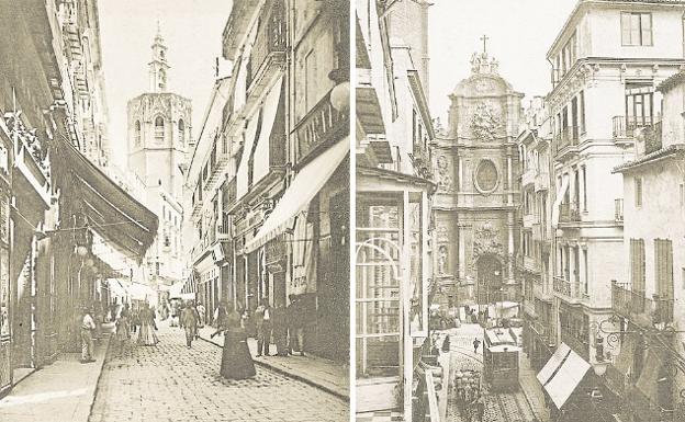 1. Calle Zaragoza con el Miguelete de fondo. 2. Puerta barroca de la catedral de Valencia.