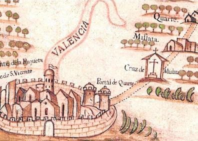 Imagen secundaria 1 - 1. Madera. Un grabado del siglo XIX muestra la llegada de los llamados 'ganxers' a Mislata por el río Turia. 2 y 3. Pasado. Cruz de término y un mapa de postas entre Valencia y Madrid (óscar calve /cdr).