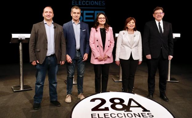 Los candidatos valencianos a la Generalitat, durante el primer debate de la campaña política para el 28A.