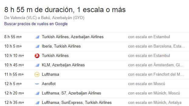 Duración del viaje en avión entre Valencia y Bakú. 