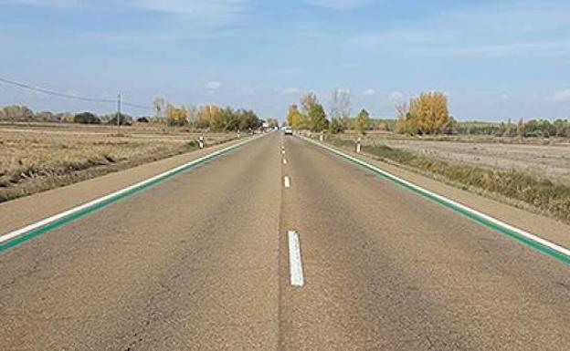 Carretera con líneas verdes.