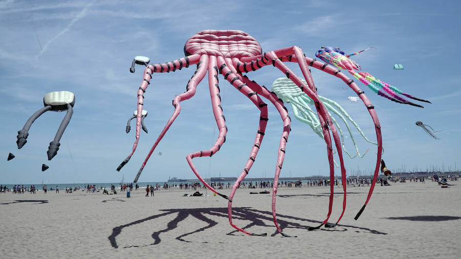 Todo tipo de animales, formas, figuras y banderas ha sobre volado el cielo de Valencia en el XXI Festival de Milotxes que se ha celebrado este fin de semana en la playa del Cabanyal. Alrededor de 100 participantes provenientes de Alemania, Chile y Argentina, junto a los pilotos valencianos y del resto de España, han competido en las modalidades de exhibición de vuelo acrobático individual, vuelo acrobático en equipo, y mejor cometa estática de construcción propia.
