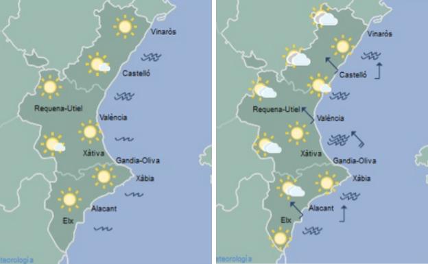 Mapas del tiempo para este miércoles, antes y después de las 12 horas.