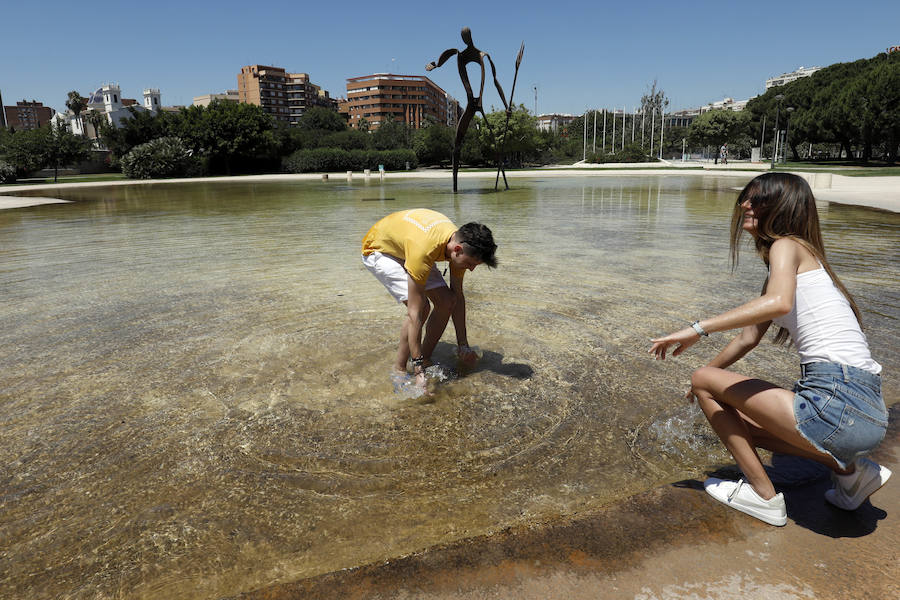 Temperaturas cercanas a los 40 grados en algunas poblaciones y las vacaciones aún lejos para muchos, empujan a los valencianos a buscar fórmulas para combatir el calor. Playas, piscinas y hasta fuentes son buenas para refrescarse. Hasta los animales del Bioparc tienen su ración de helado.