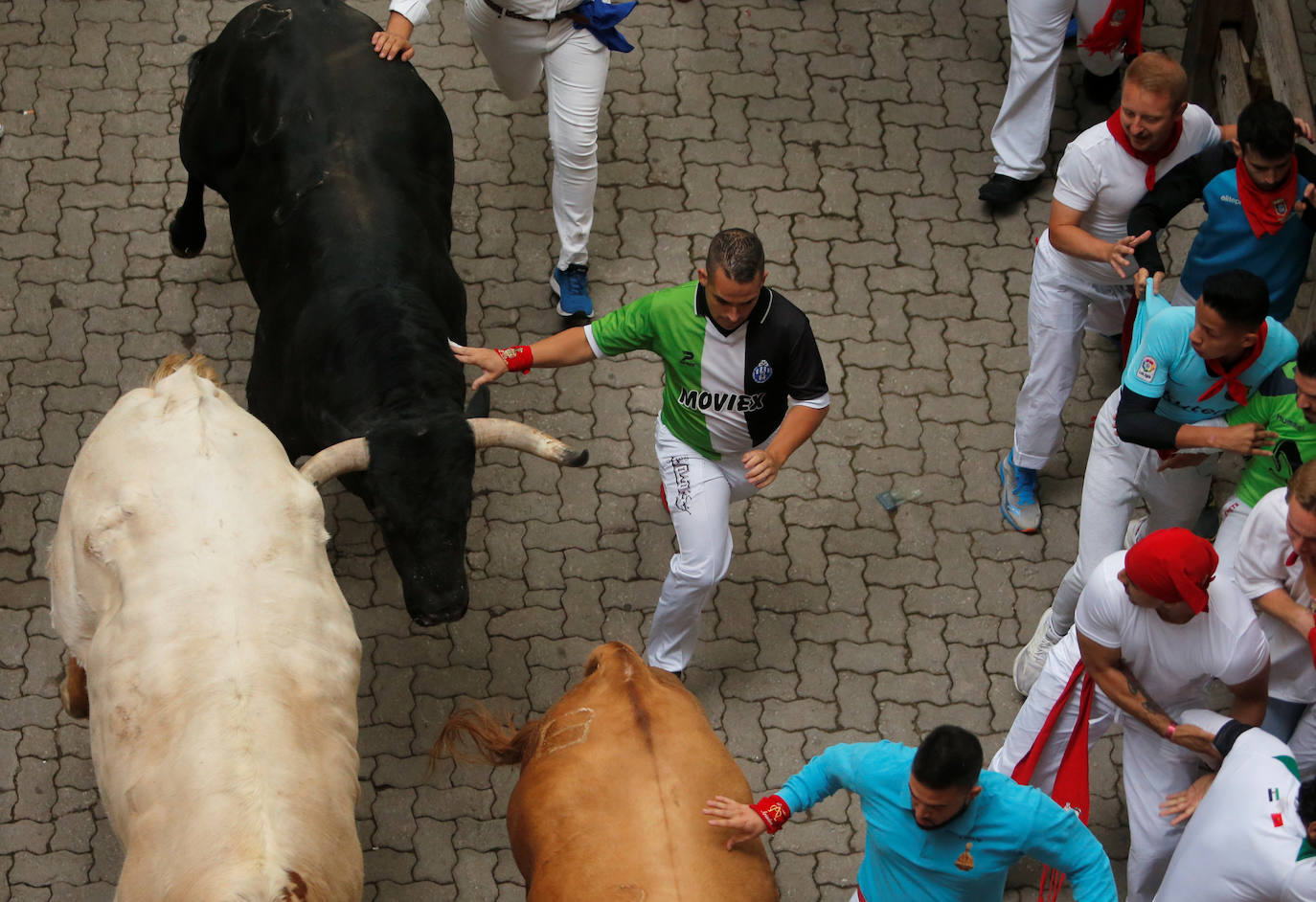 Los toros de El Puerto de San Lorenzo recorren rápidos el trazado de Pamplona dejando varios heridos en el primer encierro de San Fermín 2019.