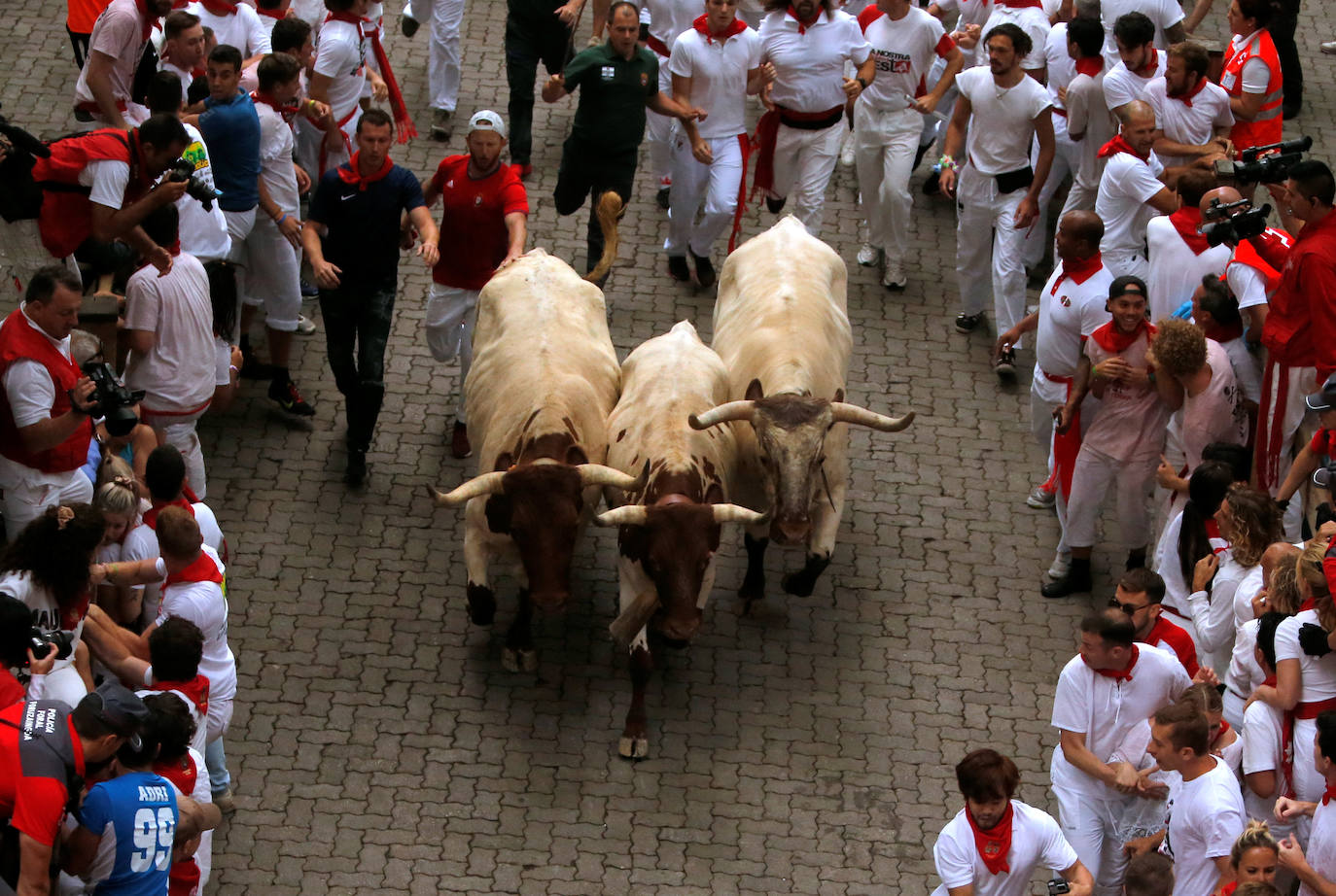 Los toros de El Puerto de San Lorenzo recorren rápidos el trazado de Pamplona dejando varios heridos en el primer encierro de San Fermín 2019.