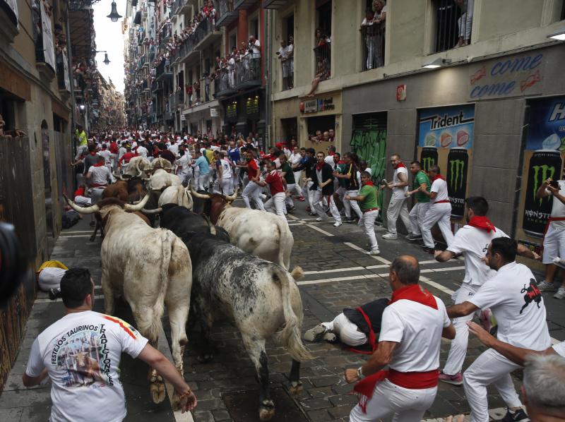 Fotos: Segundo encierro de San Fermín muy veloz y limpio de los toros de Cebada Gago