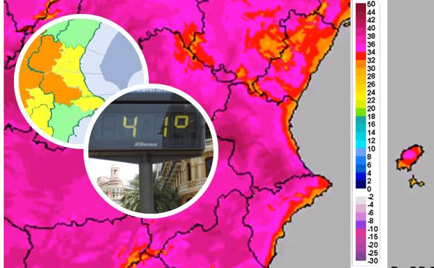 Mapa de temperaturas previstas el viernes y mapa de alertas: naranja y amarilla.