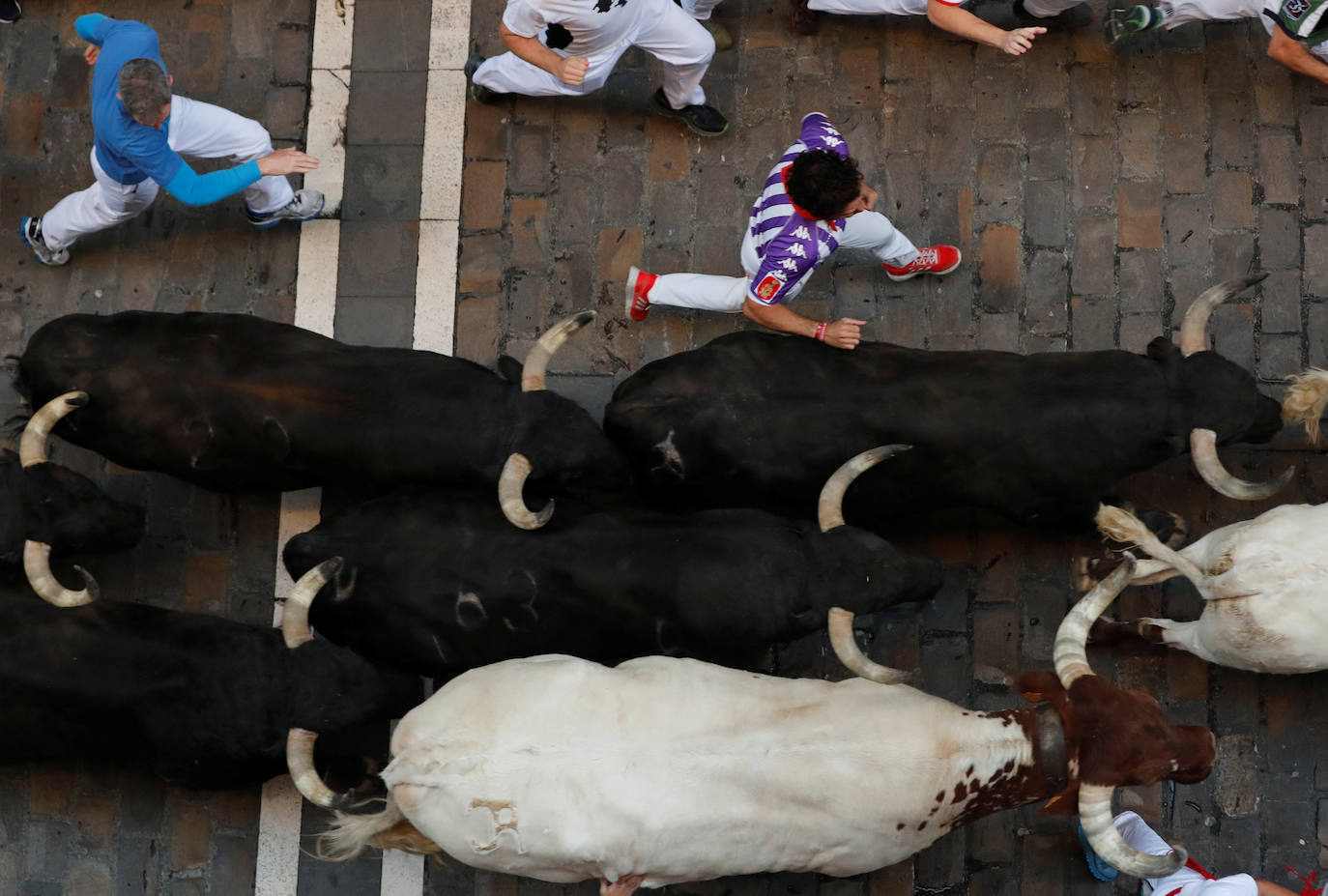 Los toros de Jandilla siguen la tónica de encierro veloz. Los astados dejan fuera su fama de peligrosos tras realizar un recorrido rápido y ordenado en dos minutos y diecinueve segundos. La carrera ha finalizado sin heridos, aunque con bastantes golpes.