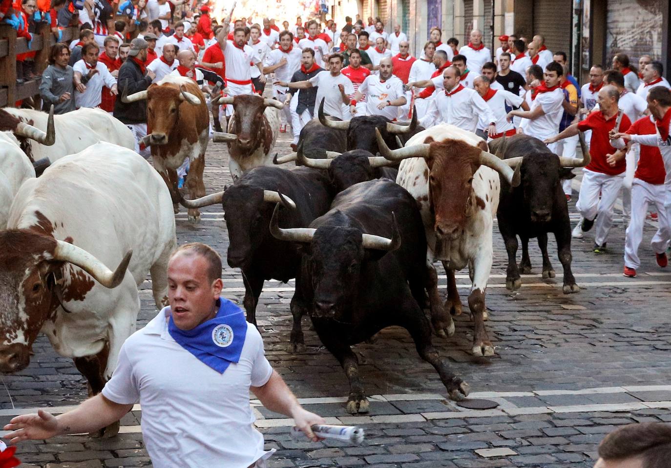 Los toros de Jandilla siguen la tónica de encierro veloz. Los astados dejan fuera su fama de peligrosos tras realizar un recorrido rápido y ordenado en dos minutos y diecinueve segundos. La carrera ha finalizado sin heridos, aunque con bastantes golpes.