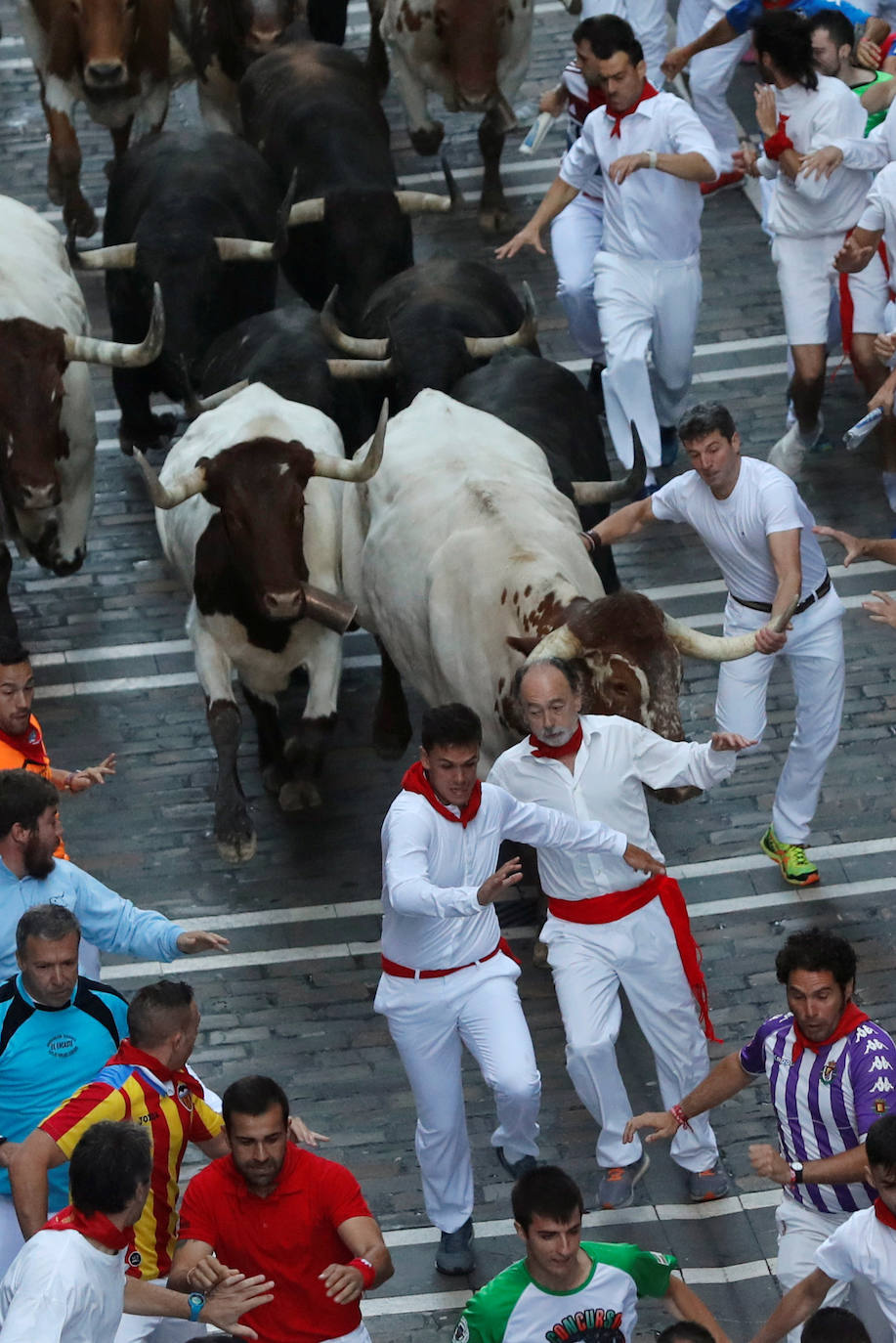 Los toros de Jandilla siguen la tónica de encierro veloz. Los astados dejan fuera su fama de peligrosos tras realizar un recorrido rápido y ordenado en dos minutos y diecinueve segundos. La carrera ha finalizado sin heridos, aunque con bastantes golpes.