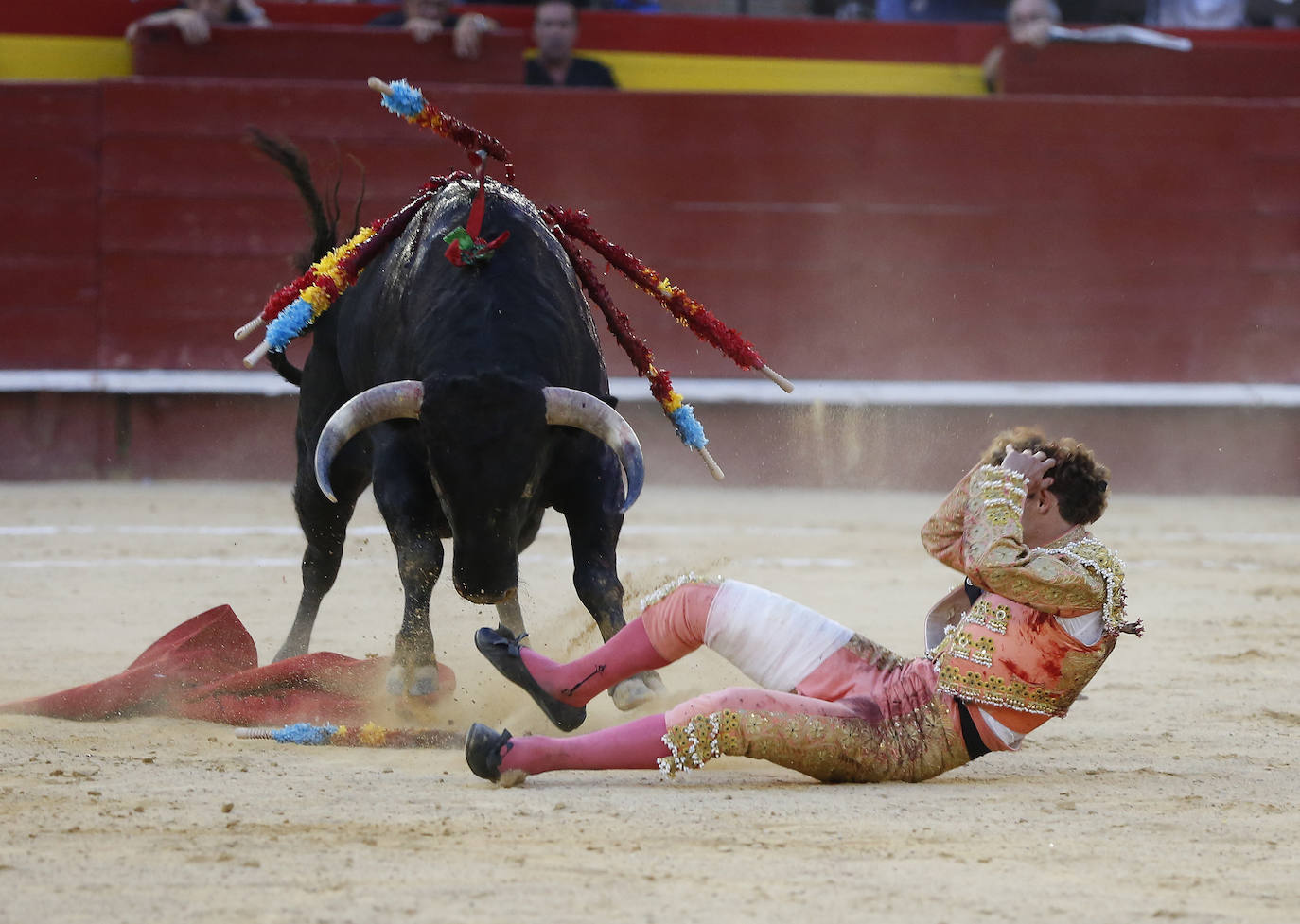 La primera novillada de la Feria de Julio en la Plaza de Toros de Valencia, celebrada este jueves, se vio sobresaltada durante la segunda faena del valenciano Borja Collado. Una voltereta impresionante le llevó del ruedo a la enfermería; y, su coraje, de la enfermería al ruedo con una brecha en la cabeza. En ese tramo de la faena, sobre la mano izquierda, toreó con mucha sinceridad y dominio. Primaron la emotividad y la entrega y el público solicitó una merecida y sufrida oreja.