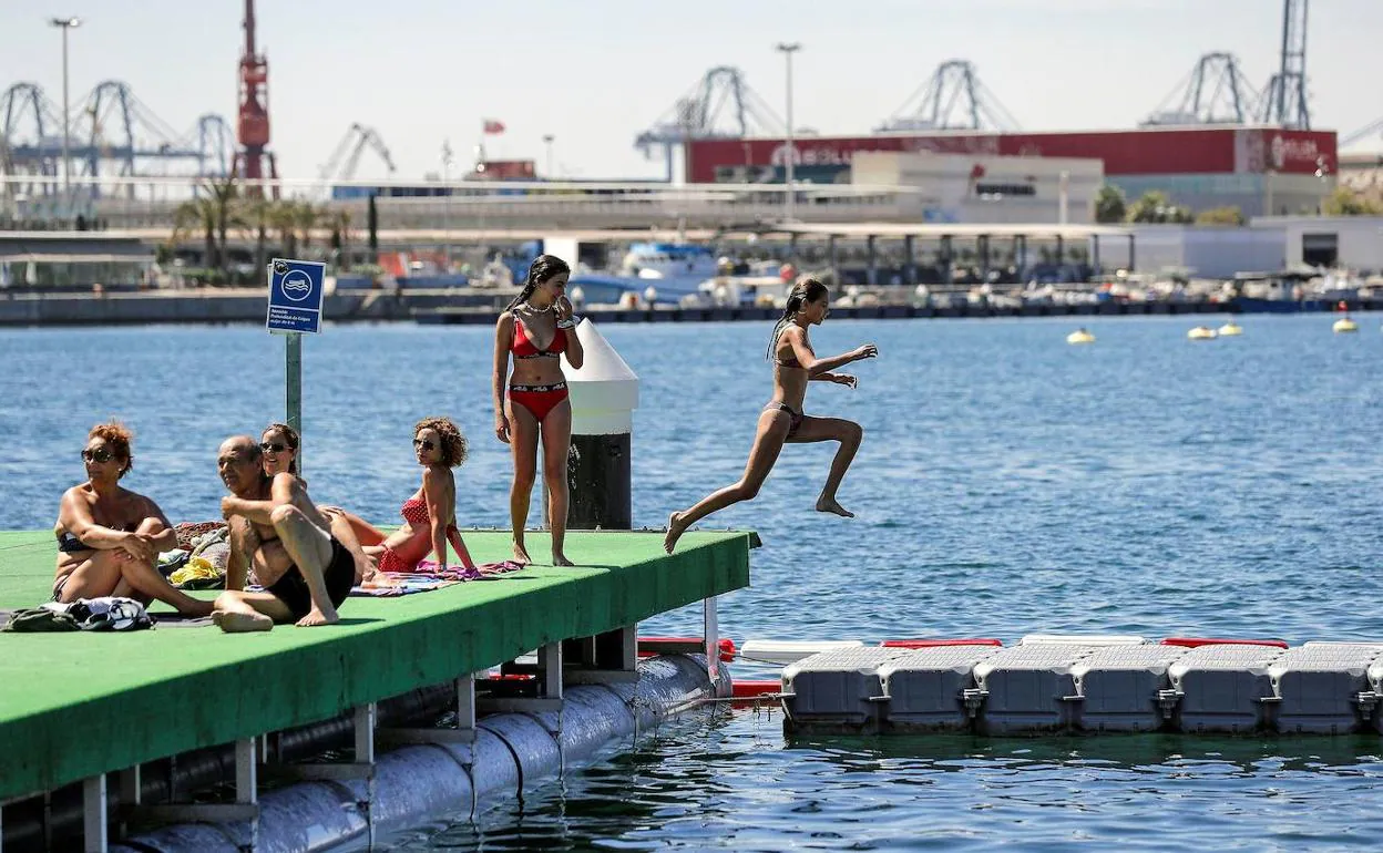 Una joven salta al agua en la piscina natural instalada en la Marina de Valencia. 