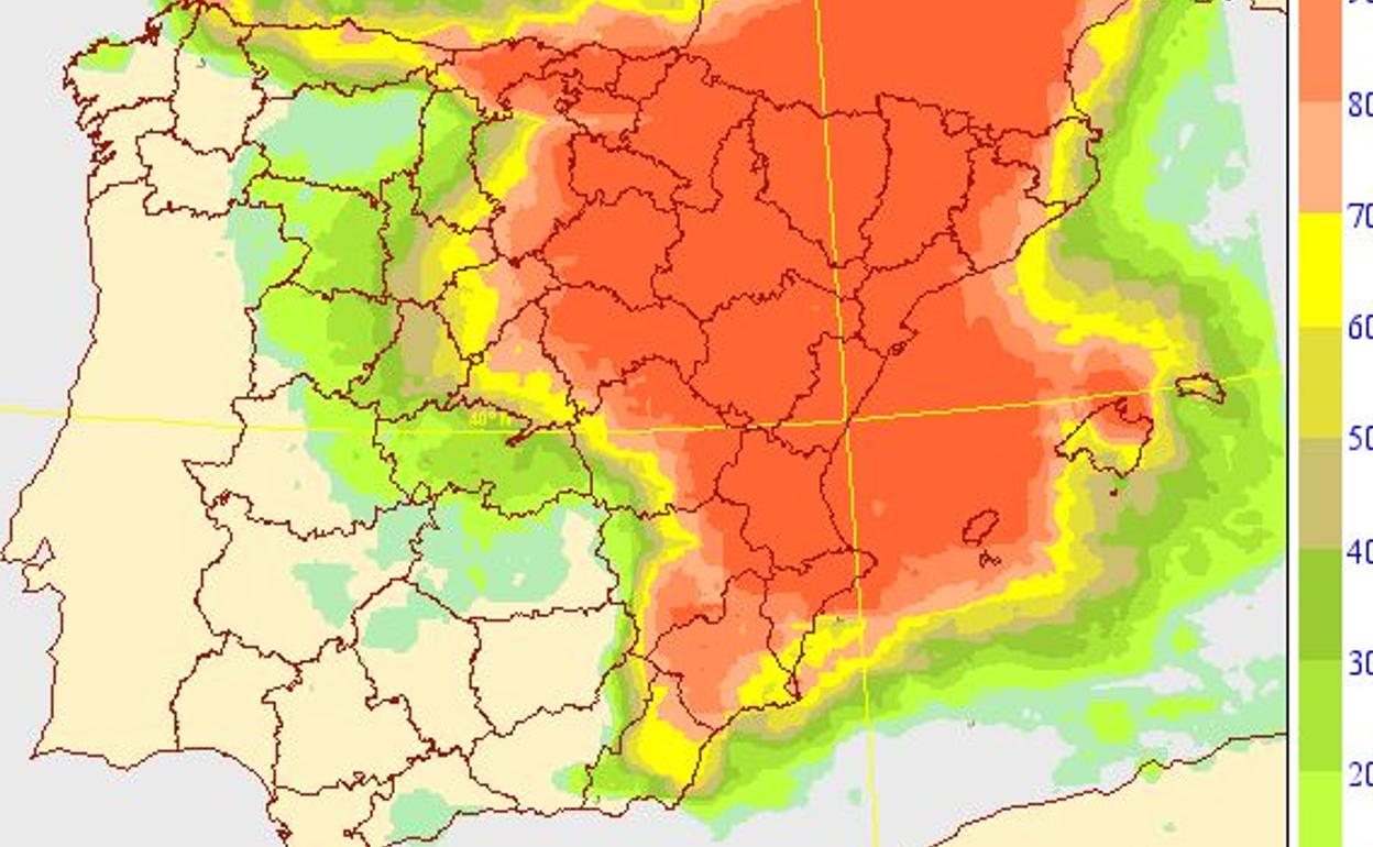 Probabilidad de lluvias el martes en España. 