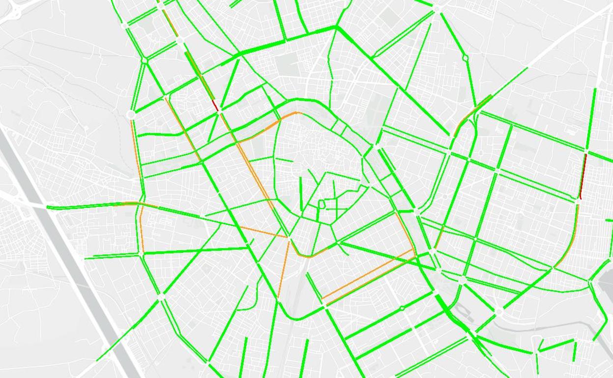 Mapa del tráfico a primera hora en Valencia. 