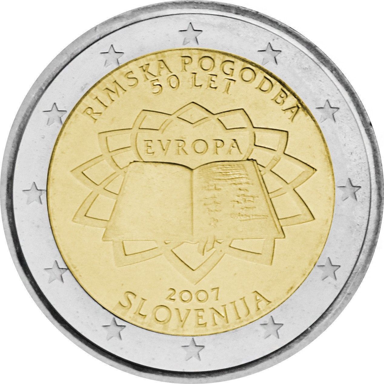 Eslovenia 2007. Se acuñaron 40.000 monedas de 2 euros para celebrar el 50 aniversario del Tratado de Roma. 