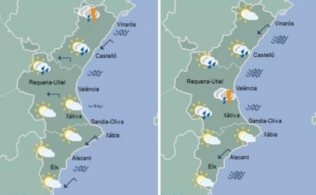 Mapa de la previsión del tiempo para el jueves tarde (izq.) y el viernes por la mañana (dcha.).