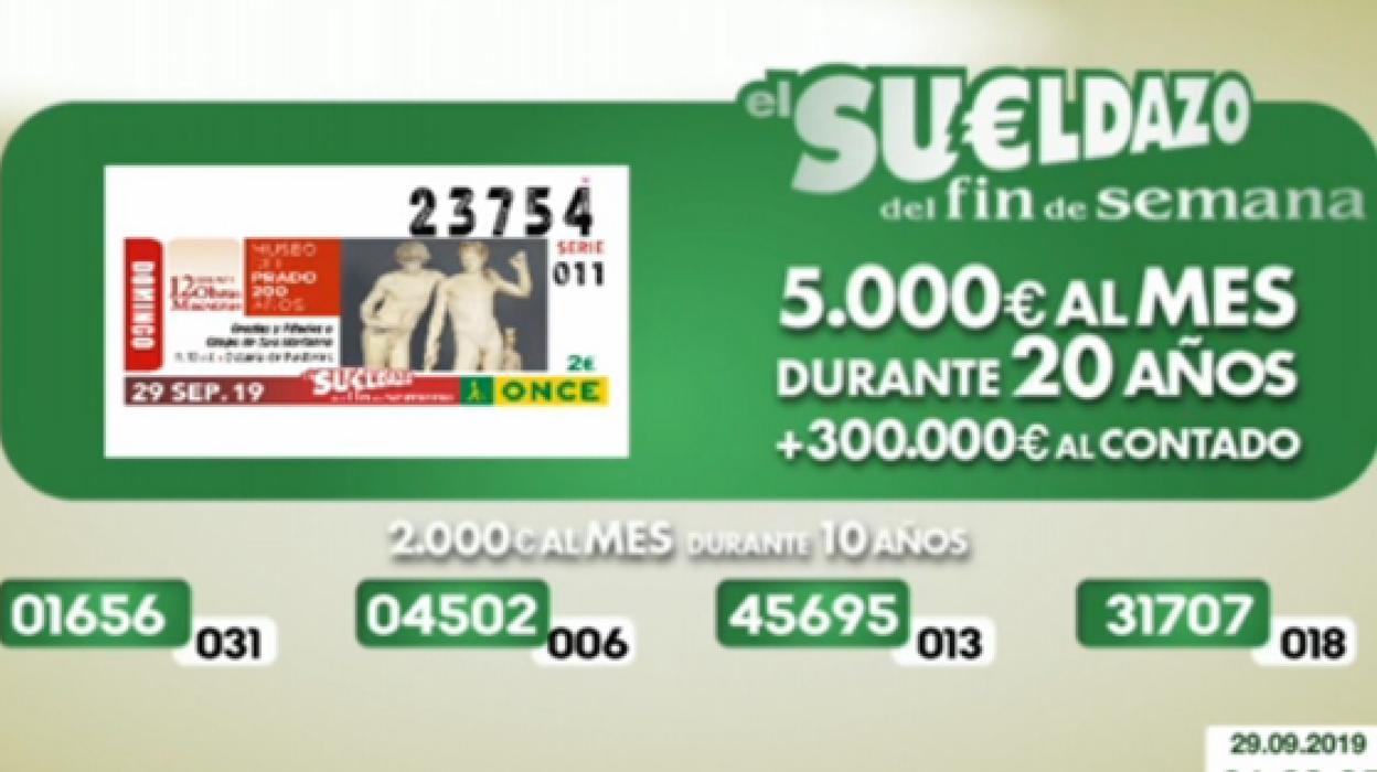 Resultados del Sueldazo de la ONCE de hoy 29 de septiembre: números premiados en el cupón del domingo