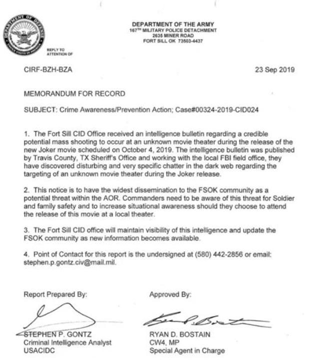 El comunicado del Ejército de Estados Unidos. 