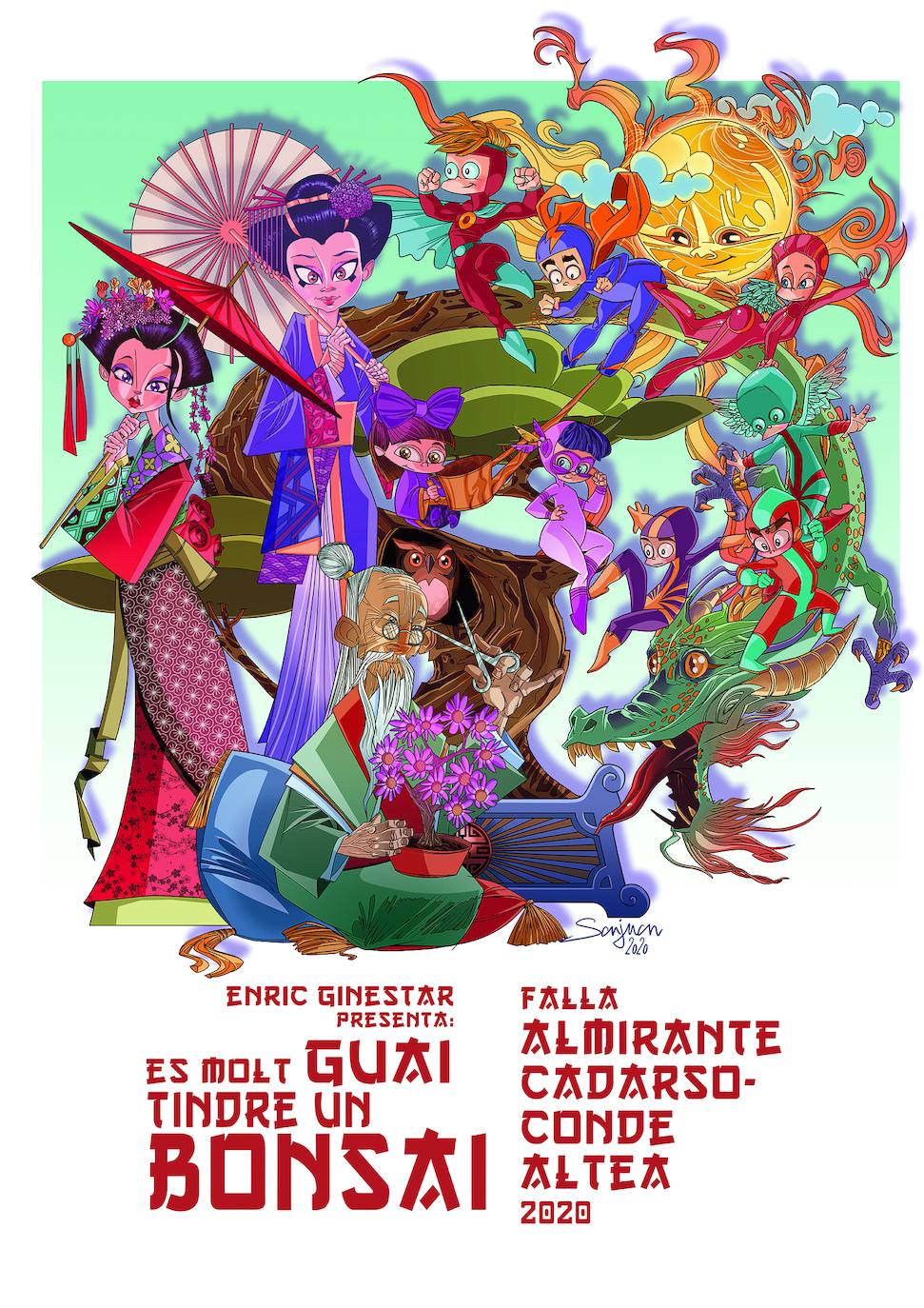 ALMIRANT CADARSO-COMTE D'ALTEA: Falla infantil, sección 1ª | Del artista Enrique Ginestar Morán, con el lema 'Es molt guai tindre un Bonsai '. 