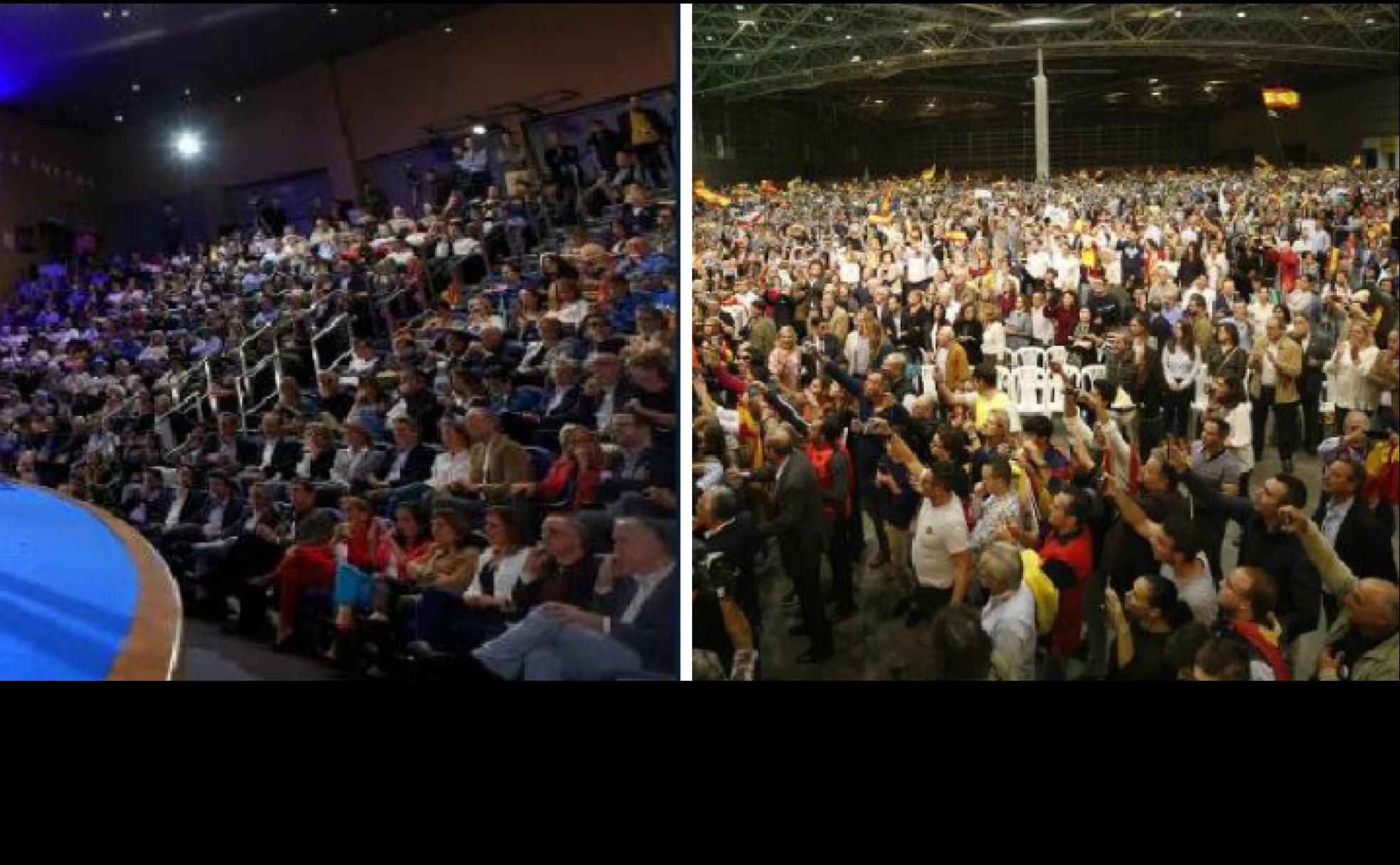 A la izquierda, Casado en el mitin que se celebra en el Oceanográfico de Valencia. A la derecha, seguidores de Vox con Abascal en el mitin de la Feria de Muestras. 