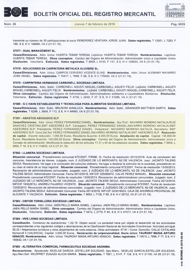 Cambio accionarial y SMT Asesores se hace con el 32 % de Abastos. Boletín Oficial del Registro Mercantil (Borme) dle 7 de febrero de 2019.