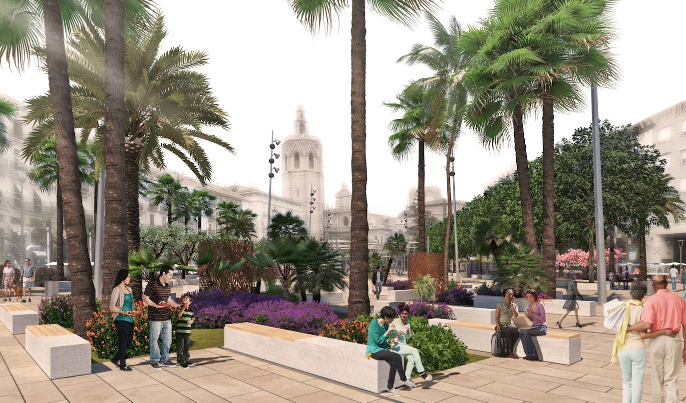 Imágenes del proyecto de remodelación que ha sido adoptado por el Ayuntamiento de Valencia para remodelar las plaza de la Reina.