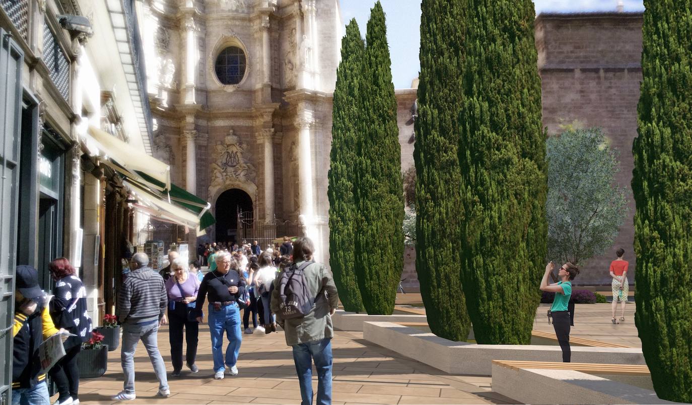 Imágenes del proyecto de remodelación que ha sido adoptado por el Ayuntamiento de Valencia para remodelar las plaza de la Reina.