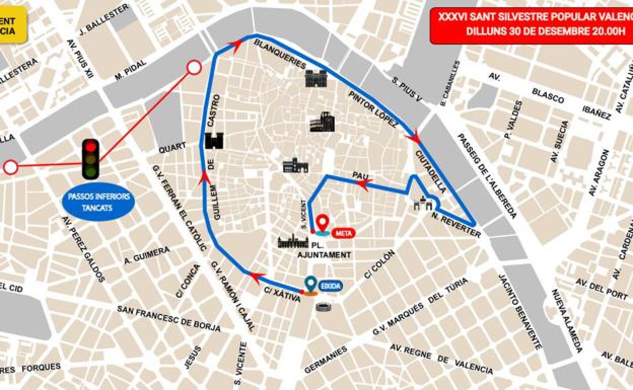 Recorrido y cortes de calles en Valencia por la San Silvestre. 