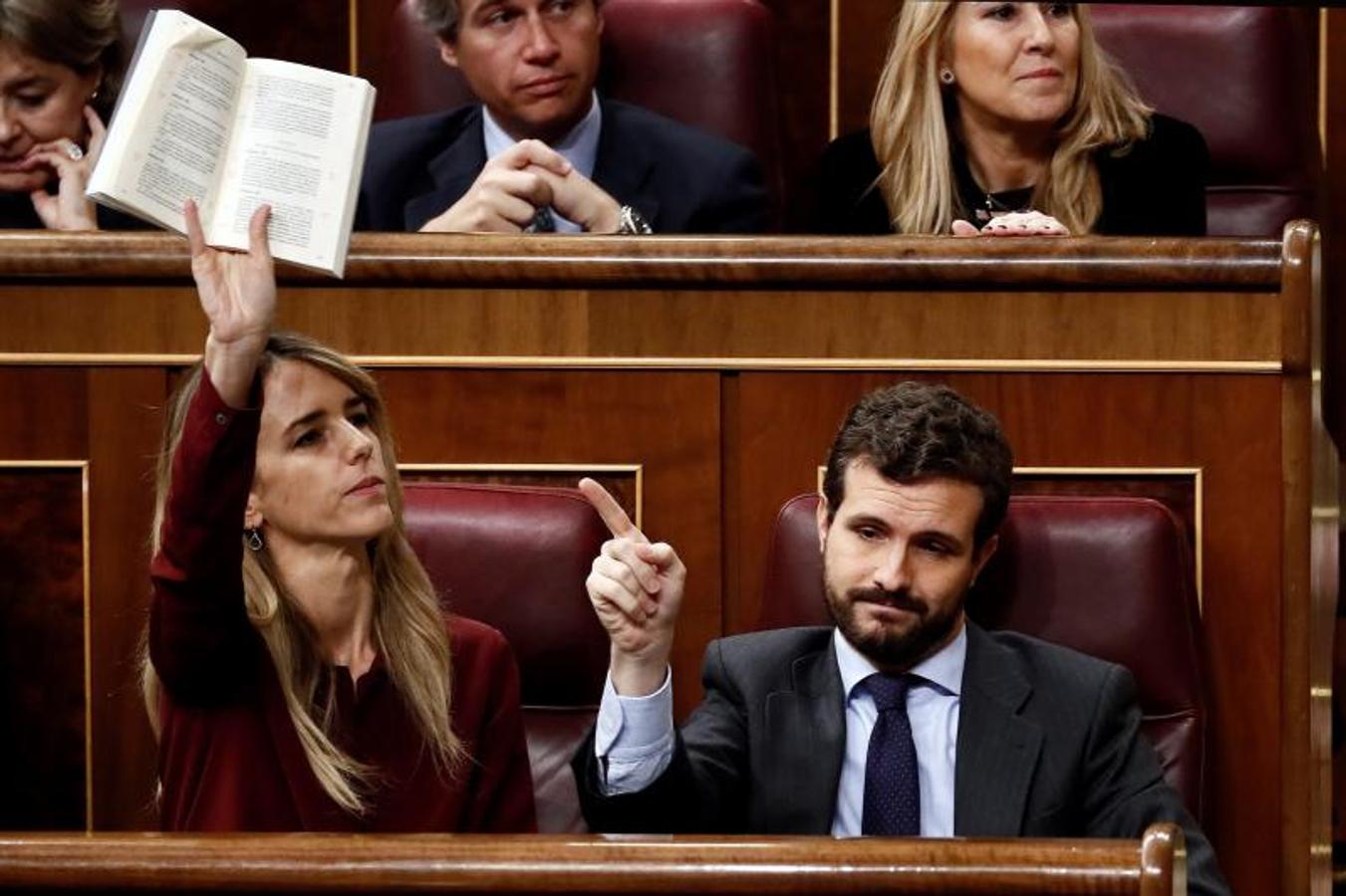 La portavoz del PP, Cayetana Álvarez de Toledo, pide la palabra con el Reglamento del Congreso en la mano durante la intervención de Mertxe Aizpurua (Bildu) 