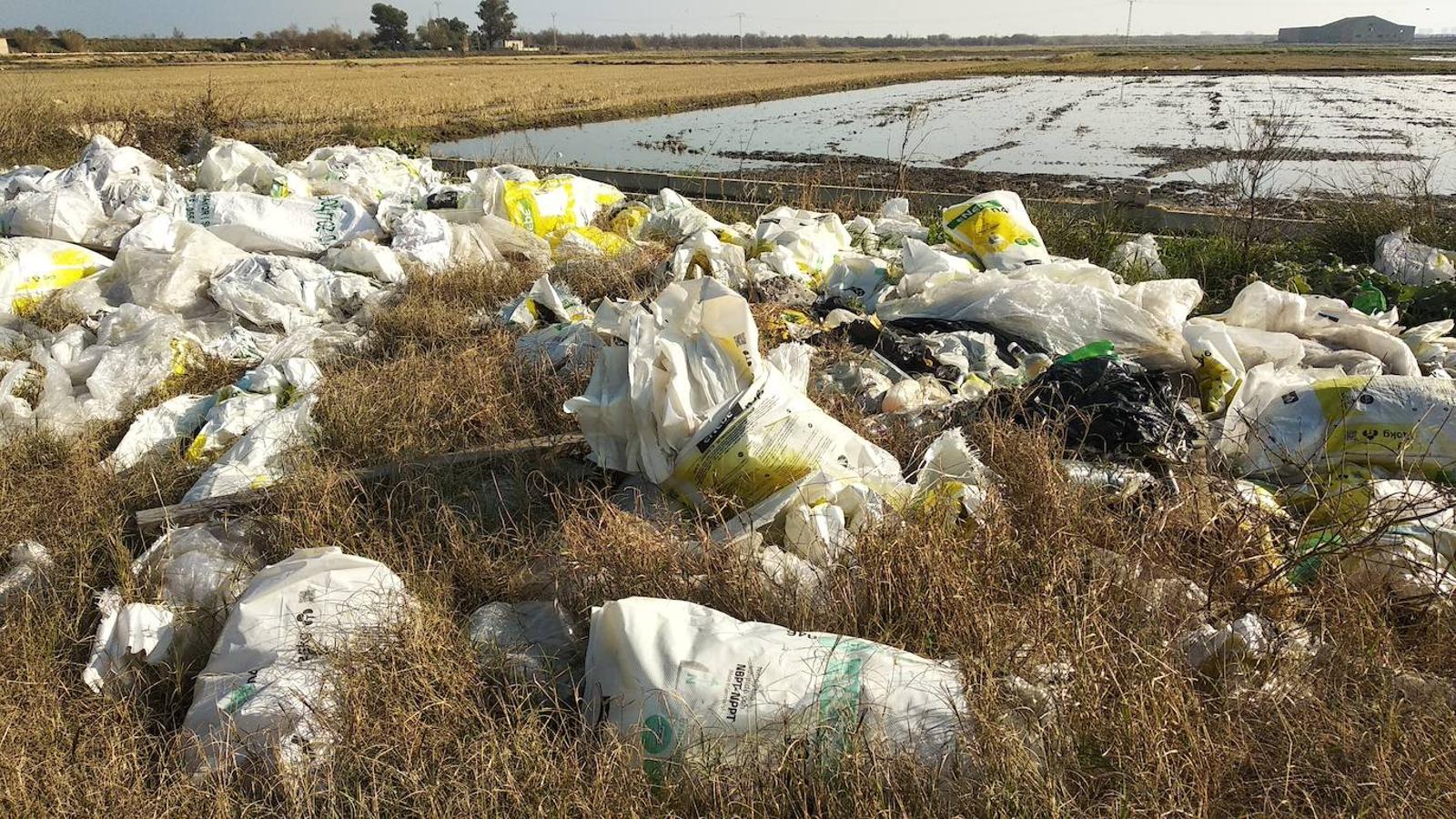 Bolsas llenas de basura y de plásticos se mezclan con botellas de cristal en las proximidades del puerto de Catarroja. 