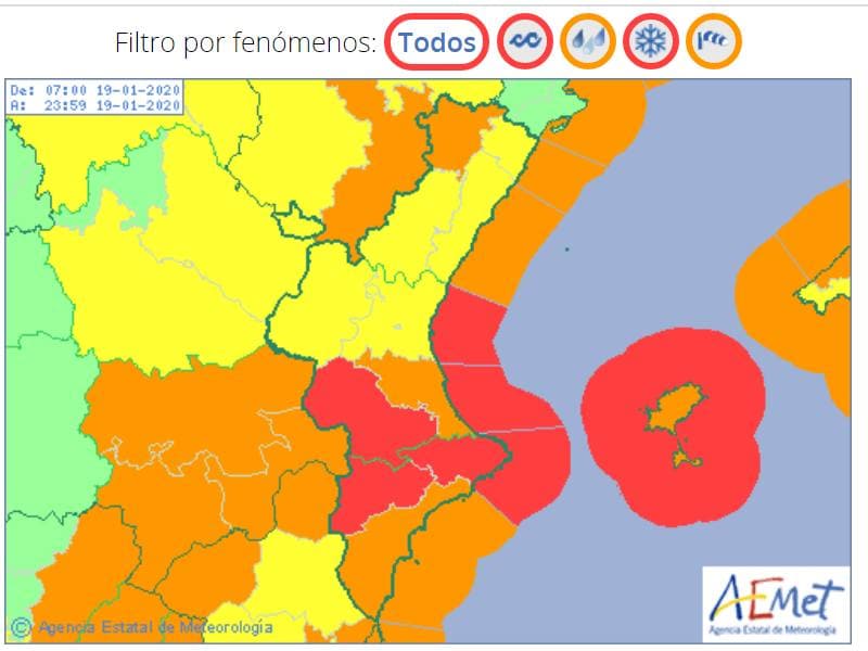 Mapa oficial de alerta meteorológica para hoy domingo en la Comunitat Valenciana, este domingo, 19 de enero. 