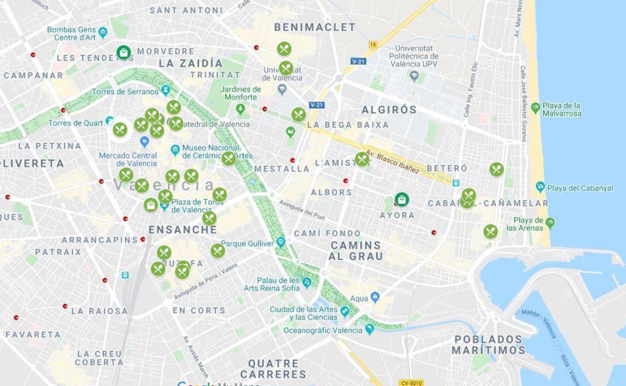 Mapa de la Ruta de la Tapa Vegana 2020 en Valencia