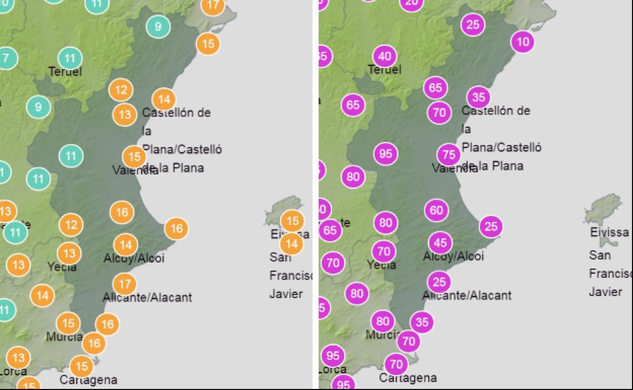 Temperaturas máximas (previstas a las 15:00 h) y, a la derecha, porcentajes de probabilidad de lluvia de 12 a 18 horas de la tarde.